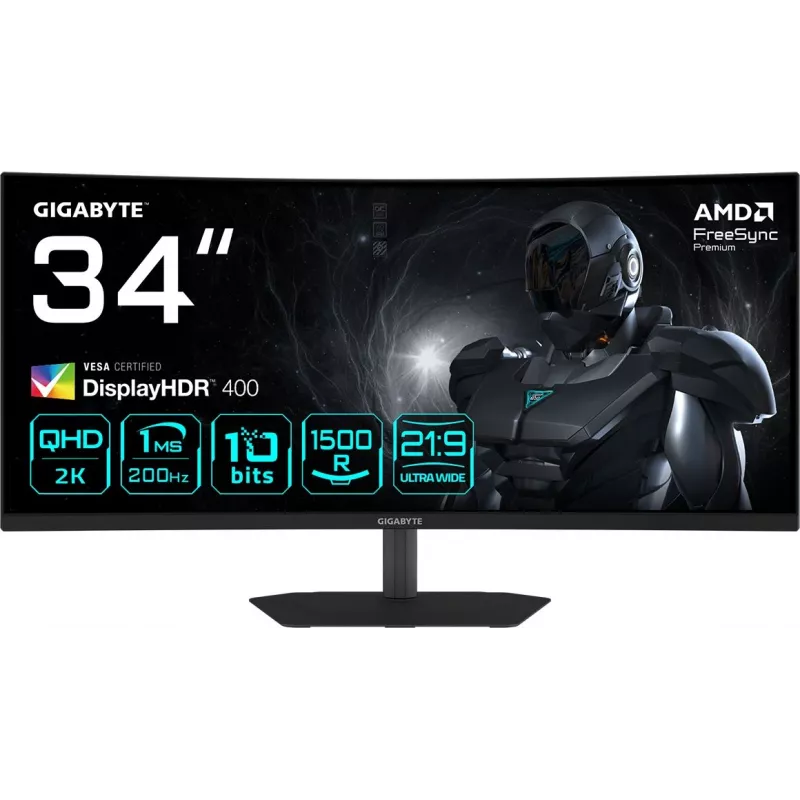 Монитор Gigabyte 34" G34WQC2 EK черный VA LED 21:9 HDMI M/M матовая HAS Piv 4000:1 450cd 178гр/178гр 3440x1440 200Hz FreeSync Premium DP WQ 7.36кг