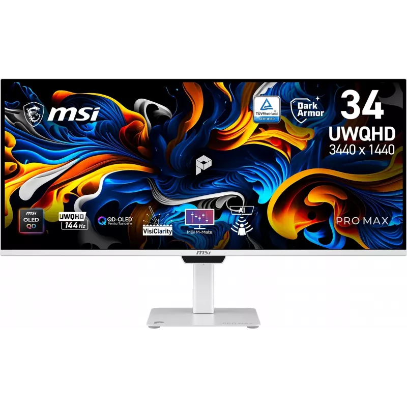Монитор MSI 34" Max 341QPXW14G белый QD OLED LED 21:9 HDMI M/M полуматовая HAS Piv 250cd 178гр/178гр 3440x1440 144Hz FreeSync Premium Pro DP UW USB 8.9кг