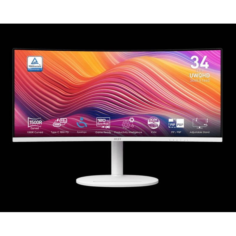 МОНИТОР 34" MSI Modern MD342CQPW White с поворотом экрана (VA, 3440x1440, 120Hz, 4ms, 178°/178°, 300 cd/m², 3500:1, +2x 