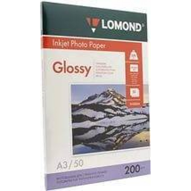 Фотобумага LOMOND Односторонняя Глянцевая, 200г/м2, A3 (29,7X42см) 50л. для струйной печати. 