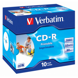 Диск CD-R Verbatim 700Mb 52x Jewel case (10шт) Printable (43325)