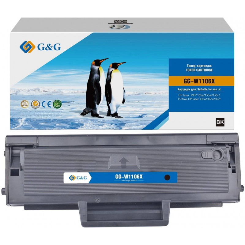 Картридж G&G, аналог HP W1106A/106A (увеличенной емкости) черный 2.5k с чипом