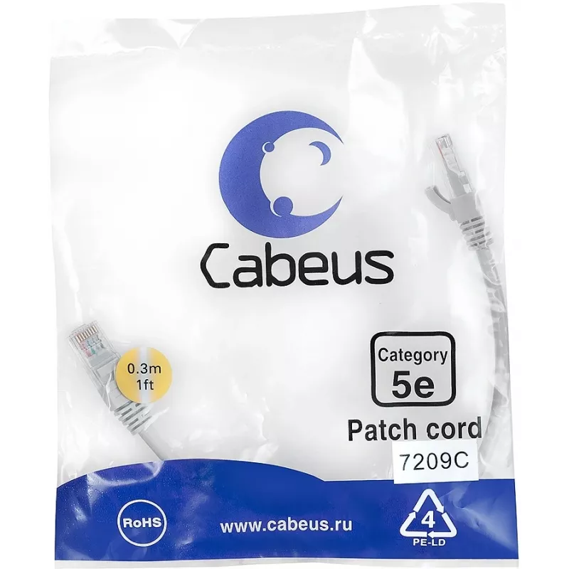 Патч-корд Cabeus PC-UTP-RJ45-CAT.5E-0.3M U/UTP RJ-45 вил.-вилка RJ-45 кат.5E 0.3м серый ПВХ