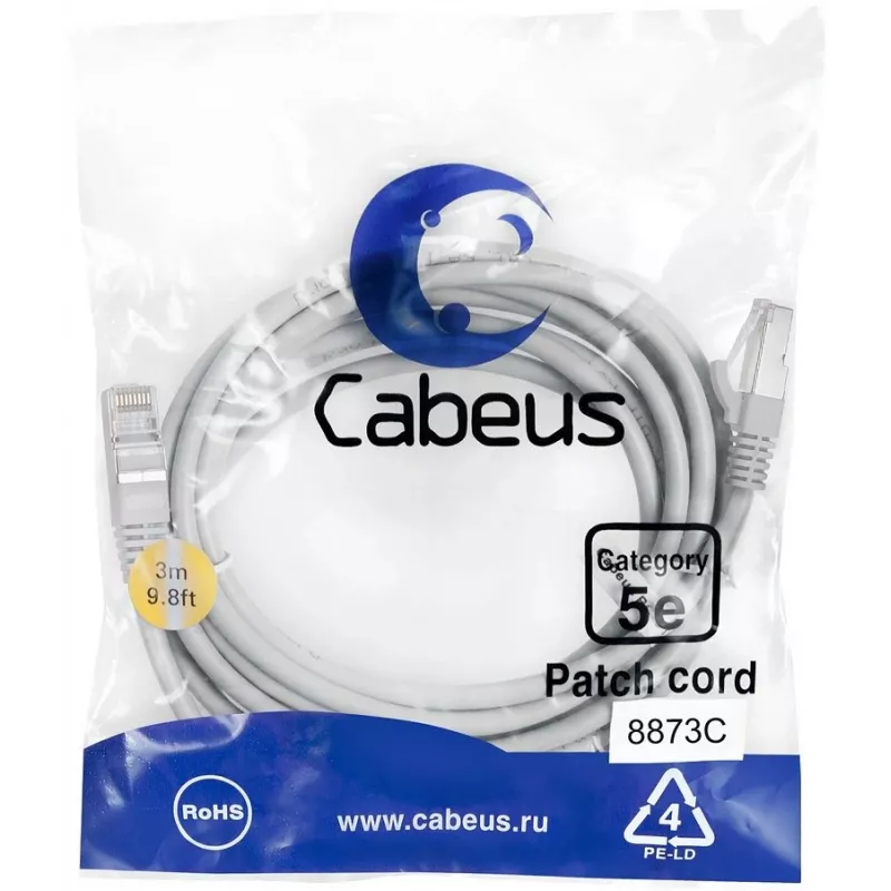 Патч-корд Cabeus PC-FTP-RJ45-CAT.5E-3M-LSZH F/UTP RJ-45 вил.-вилка RJ-45 кат.5E 3м серый LSZH