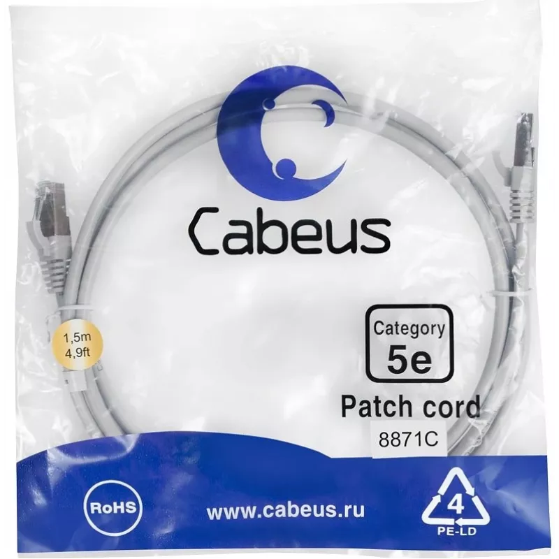 Патч-корд Cabeus PC-FTP-RJ45-CAT.5E-1.5M-LSZH F/UTP RJ-45 вил.-вилка RJ-45 кат.5E 1.5м серый LSZH