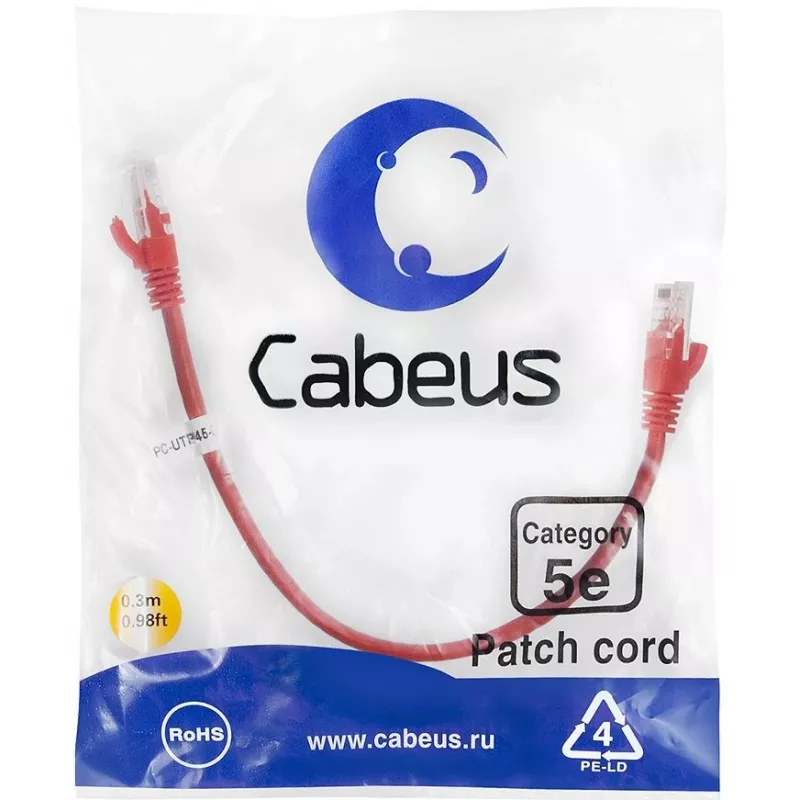Патч-корд Cabeus PC-UTP-RJ45-CAT.5E-0.3M-RD U/UTP RJ-45 вил.-вилка RJ-45 кат.5E 0.3м красный ПВХ