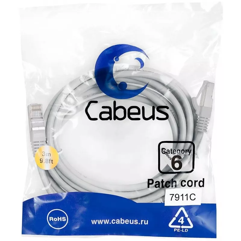 Патч-корд Cabeus PC-FTP-RJ45-CAT.6-3M-LSZH F/UTP RJ-45 вил.-вилка RJ-45 кат.6 3м серый LSZH