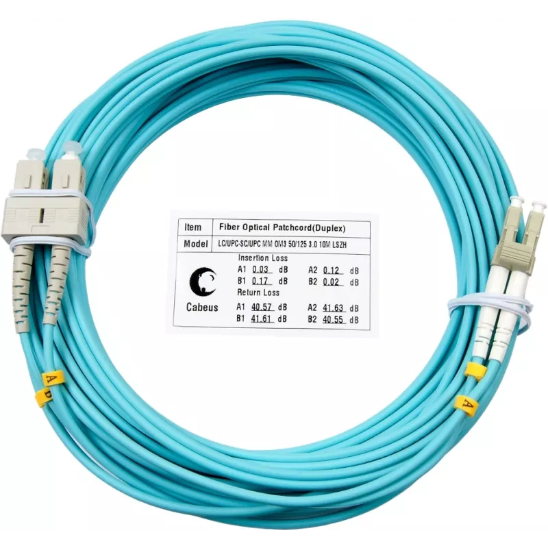 Патч-корд Cabeus FOP-50-LC-SC-10M 2x50/125 OM3 LC дуплекс UPC-SC дуплекс UPC 10м LSZH бирюзовый