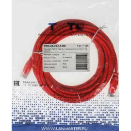 Патч-корд Lanmaster TWT-45-45-5.0-RD UTP RJ-45 вил.-вилка RJ-45 кат.5E 5м красный ПВХ (уп.:1шт)