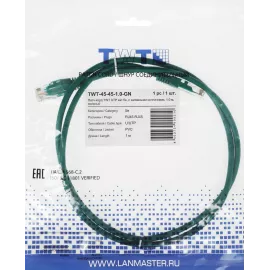 Патч-корд Lanmaster TWT-45-45-1.0-GN UTP RJ-45 вил.-вилка RJ-45 кат.5E 1м зеленый ПВХ (уп.:1шт)