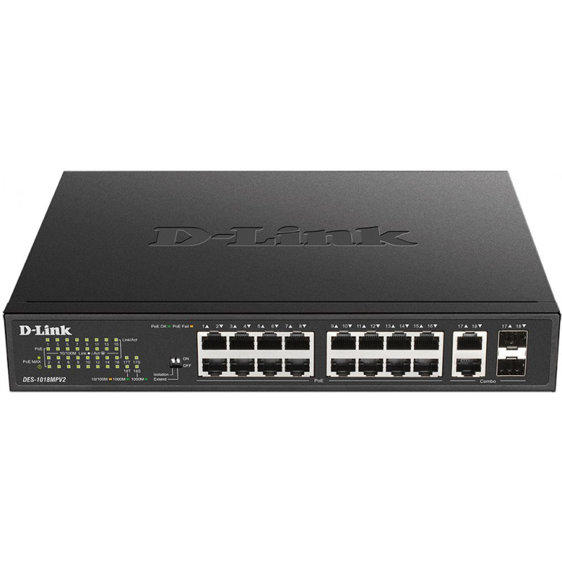 Коммутатор D-Link DES-1018MPV2/A 16x100Мбит/с 2x1Гбит/с 2xКомбо(1000BASE-T/SFP) 16PoE+ 247W неуправляемый