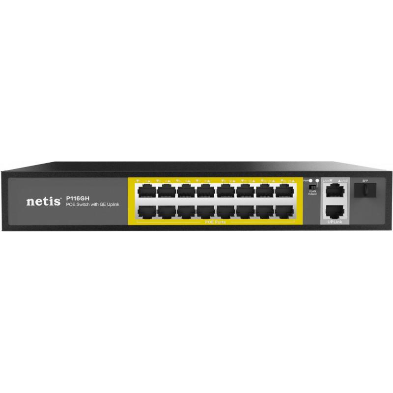 Коммутатор Netis P116GH (L2) 16x100Мбит/с 2x1Гбит/с 1SFP 16PoE 16PoE+ 240W неуправляемый