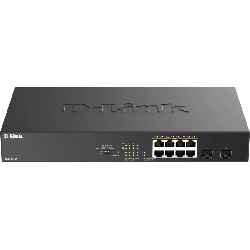Коммутатор D-Link DGS-1010P/B1A (L2) 8x1Гбит/с 2SFP 8PoE 8PoE+ 125W неуправляемый