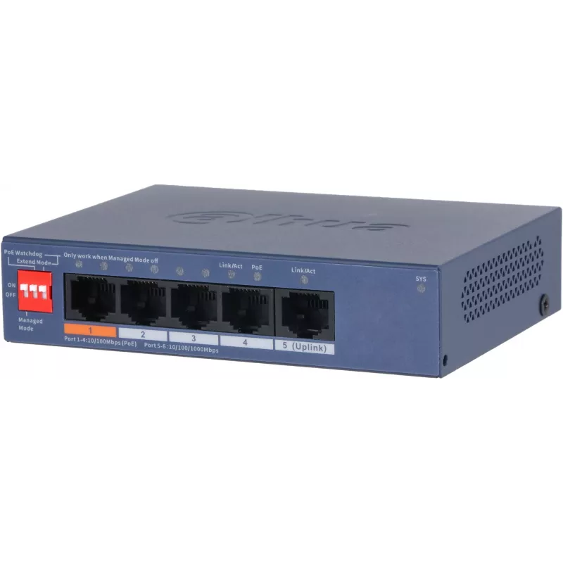 Коммутатор Dahua DH-CS4005-4ET1GT-60 (L2) 4x100Мбит/с 1x1Гбит/с 4PoE 60W управляемый