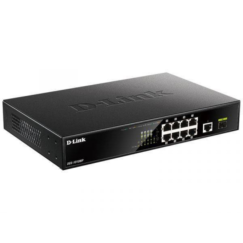 D-Link DGS-1010MP/A1A Неуправляемый коммутатор с 9 портами 10/100/1000Base-T, 1 портом 1000Base-X SFP