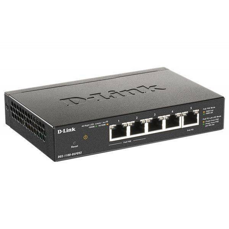 D-Link DGS-1100-05PDV2/A1A Настраиваемый L2 коммутатор с 5 портами 10/100/1000Base-T (2 порта PoE 802.3af