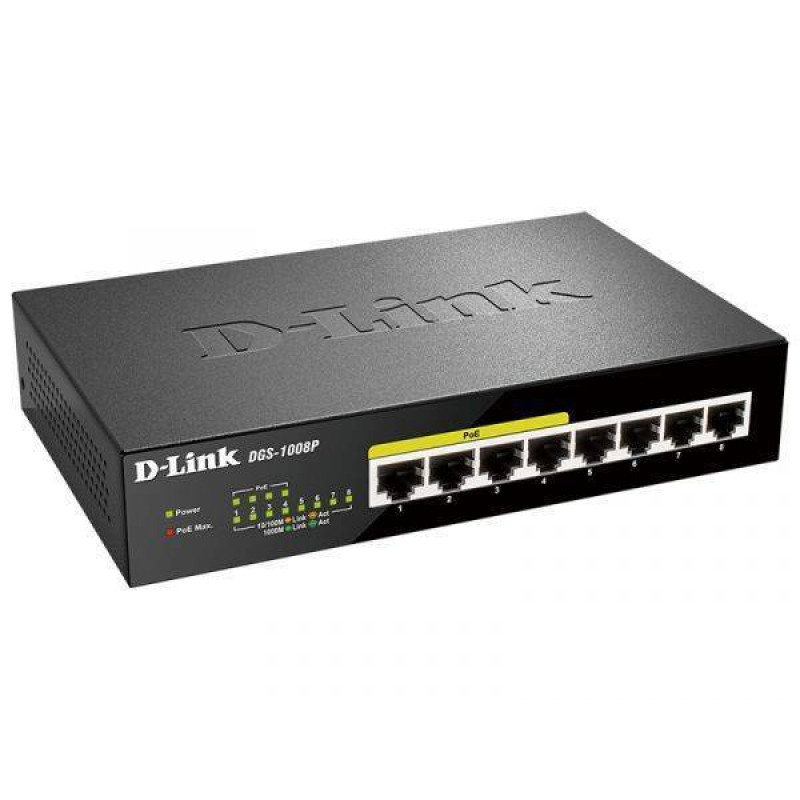 D-Link DGS-1008P/F3A Неуправляемый коммутатор с 8 портами 10/100/1000Base-T (4 порта PoE 802.3af/at, PoE-бюджет 60 Вт)