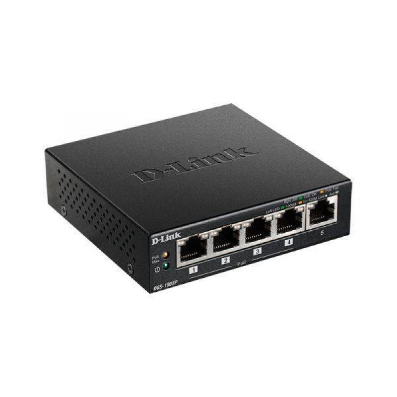 D-Link DGS-1005P/B3A Неуправляемый коммутатор с 5 портами 10/100/1000Base-T (4 порта PoE 802.3af/at, PoE‑бюджет 60 Вт)