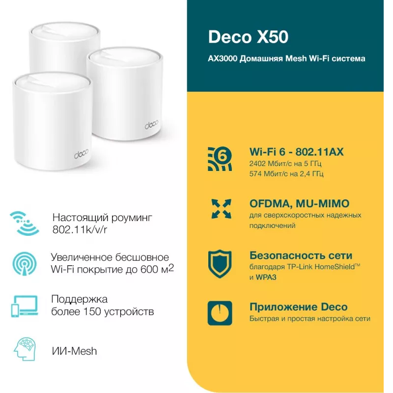 Бесшовный Mesh роутер TP-Link Deco X50(3-Pack) AX3000 10/100/1000BASE-TX белый (упак.:3шт)