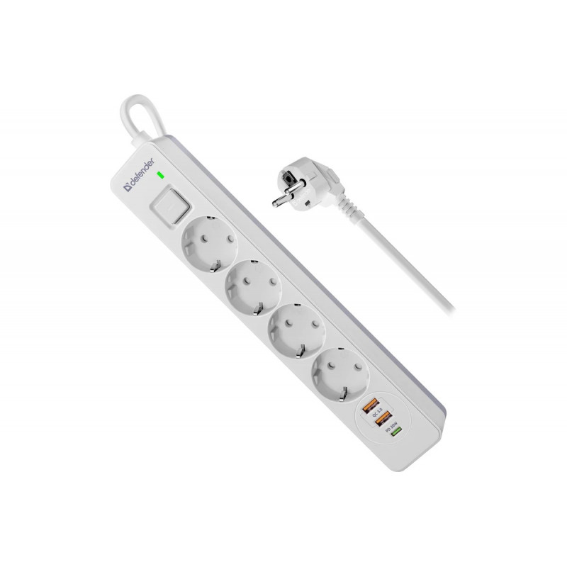 Удлинитель с сетевым фильтром DEFENDER DFS 143 3 м,белый,4розетки,USB+TypeC 
