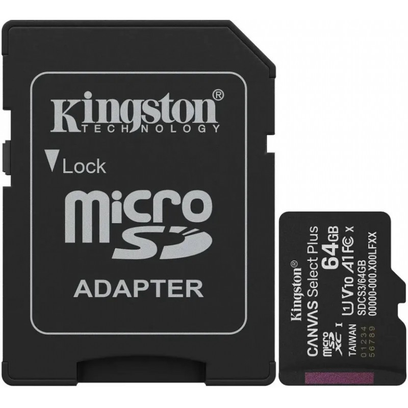 Карта памяти Kingston Canvas Select Plus microSDXC SDCS3/64GB 64GBV10 A1 + SD Adapter