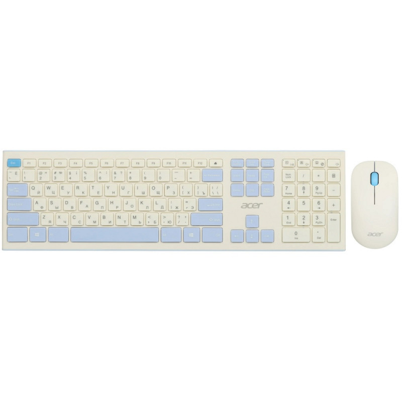 Клавиатура + мышь Acer OCC205 клав:белый мышь:белый/голубой USB беспроводная slim
